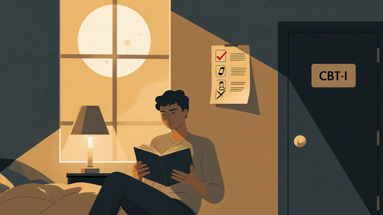 Osoba čte knihu před spaním v klidné místnosti.