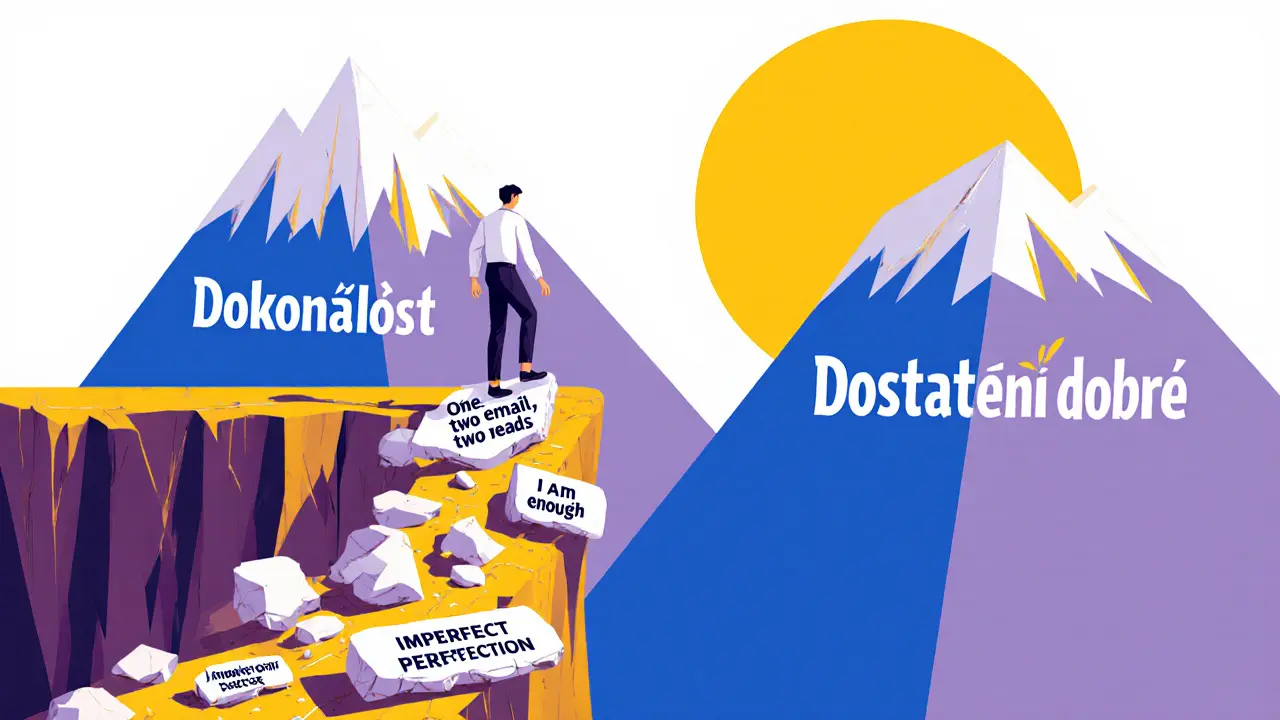 Osoba kročí po cestě z kamenů s větami &#039;Dostatečně dobré&#039; směrem k východu slunce.