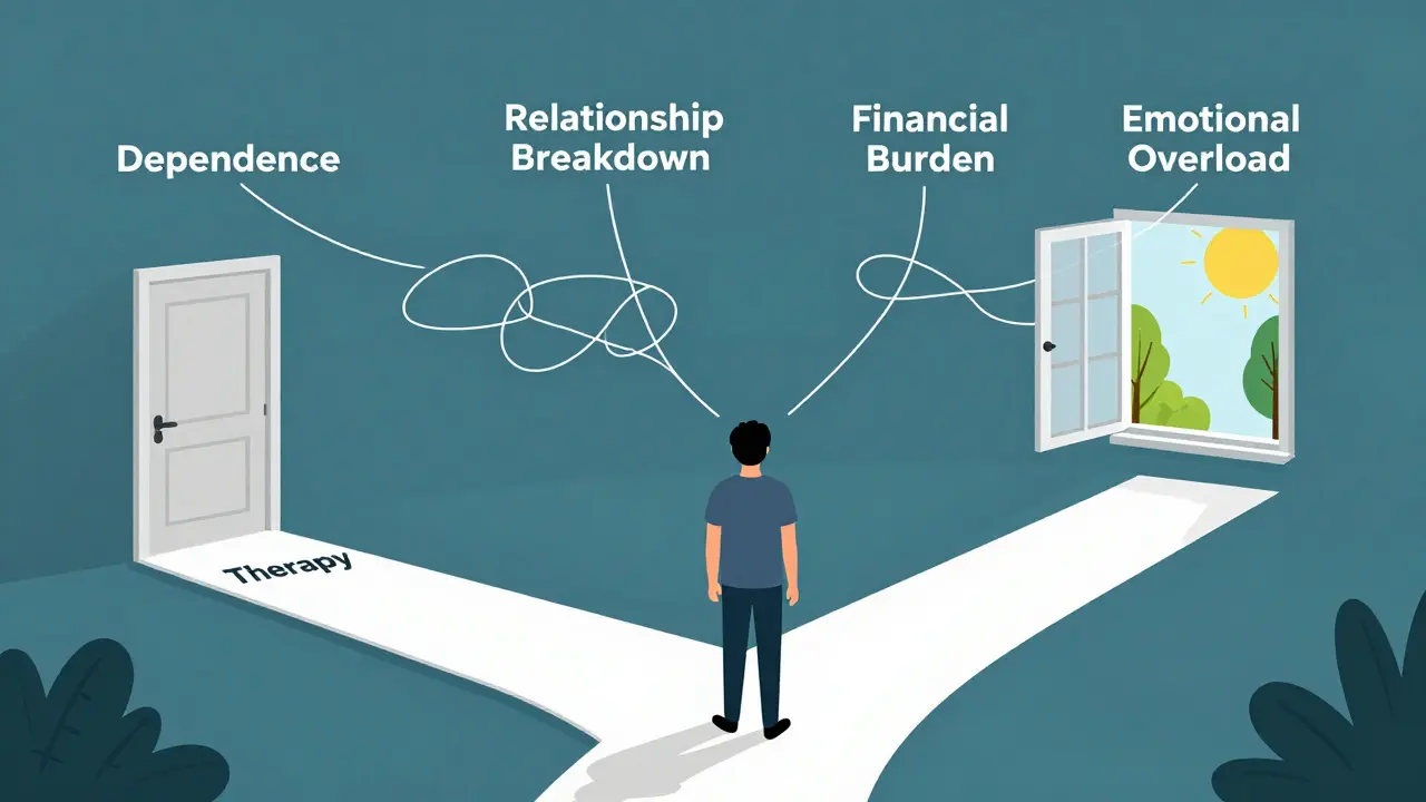 Osoba stojí u křižovatky, kolem ní visí provazy s riziky terapie, jeden je přetržený.