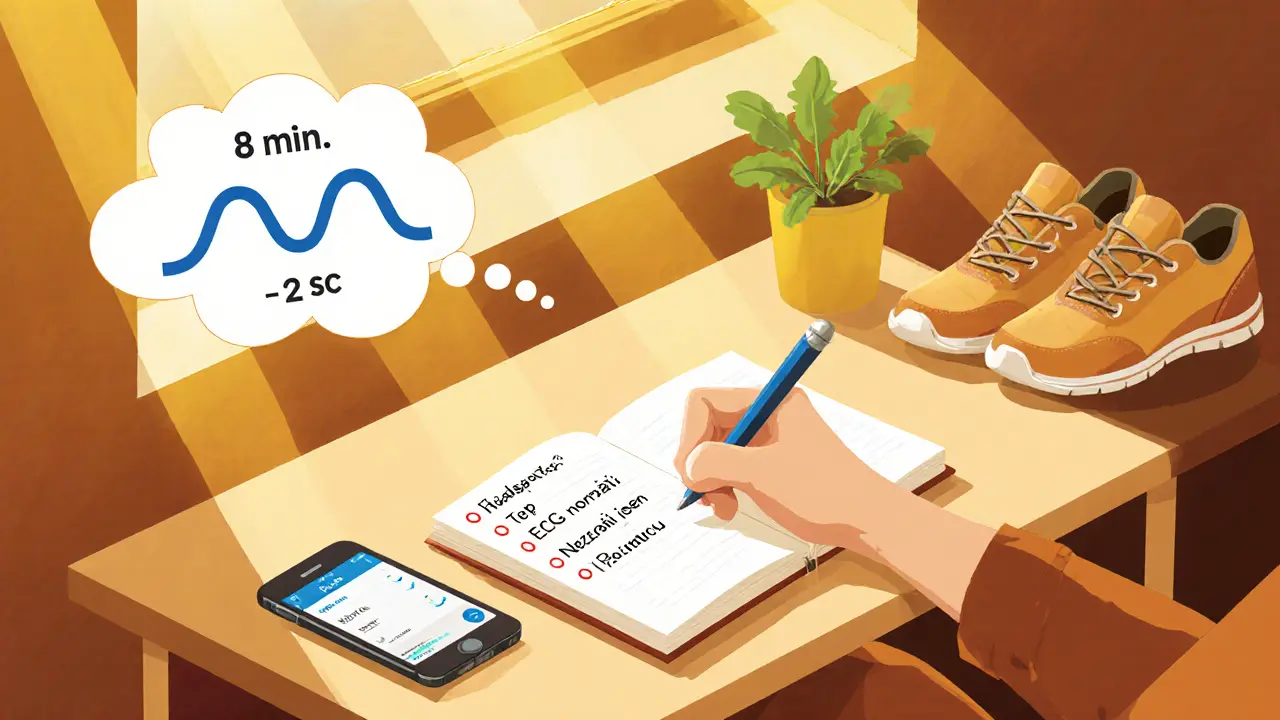 Osoba vede úzkostný deník při slunečním světle, s aplikací pro meditaci a obuví připravenou na procházku.