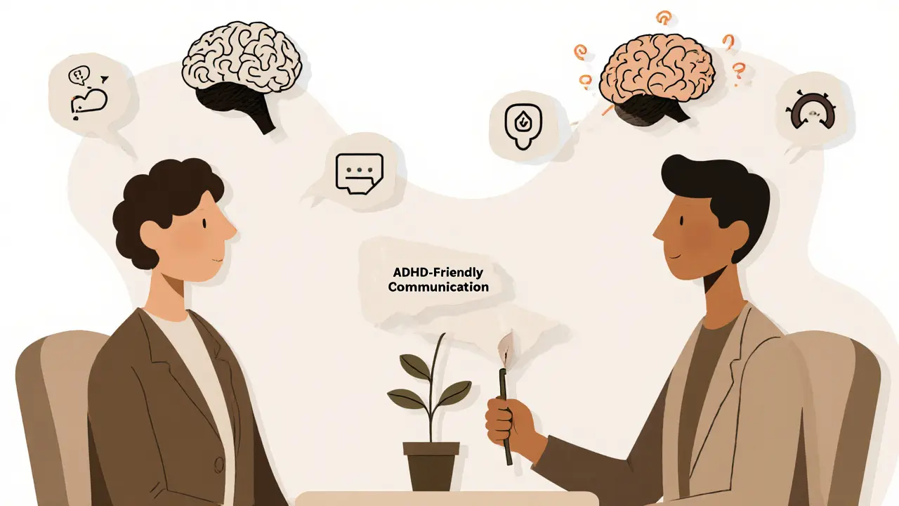 Pár a terapeut v kanceláři, nad hlavami jsou abstraktní mozkové ikony, terapeut drží nástroj pro komunikaci s ADHD.