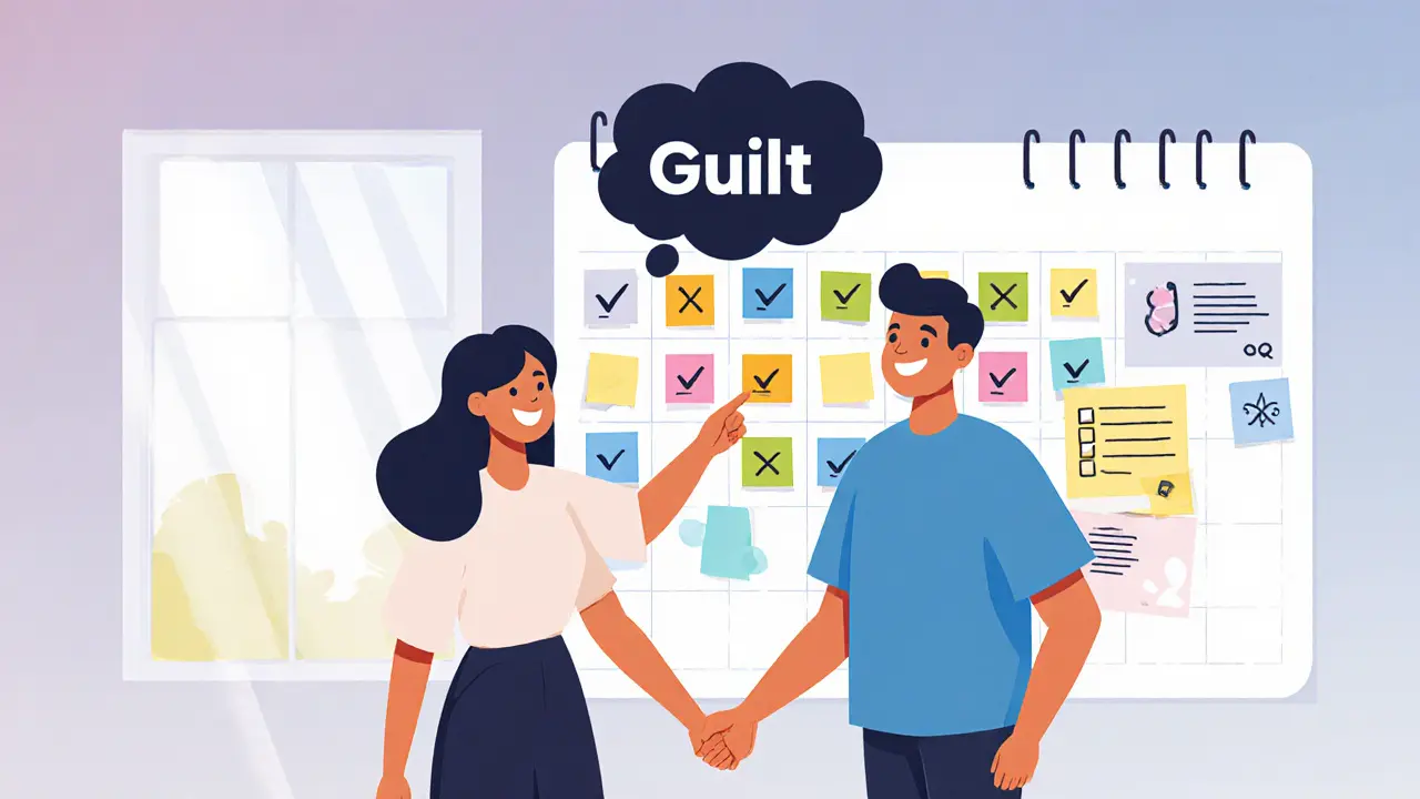 Pár stojí u velkého kalendáře plného poznámek a značek, jeden ukazuje na úkol, druhý vypadá uvolněně.