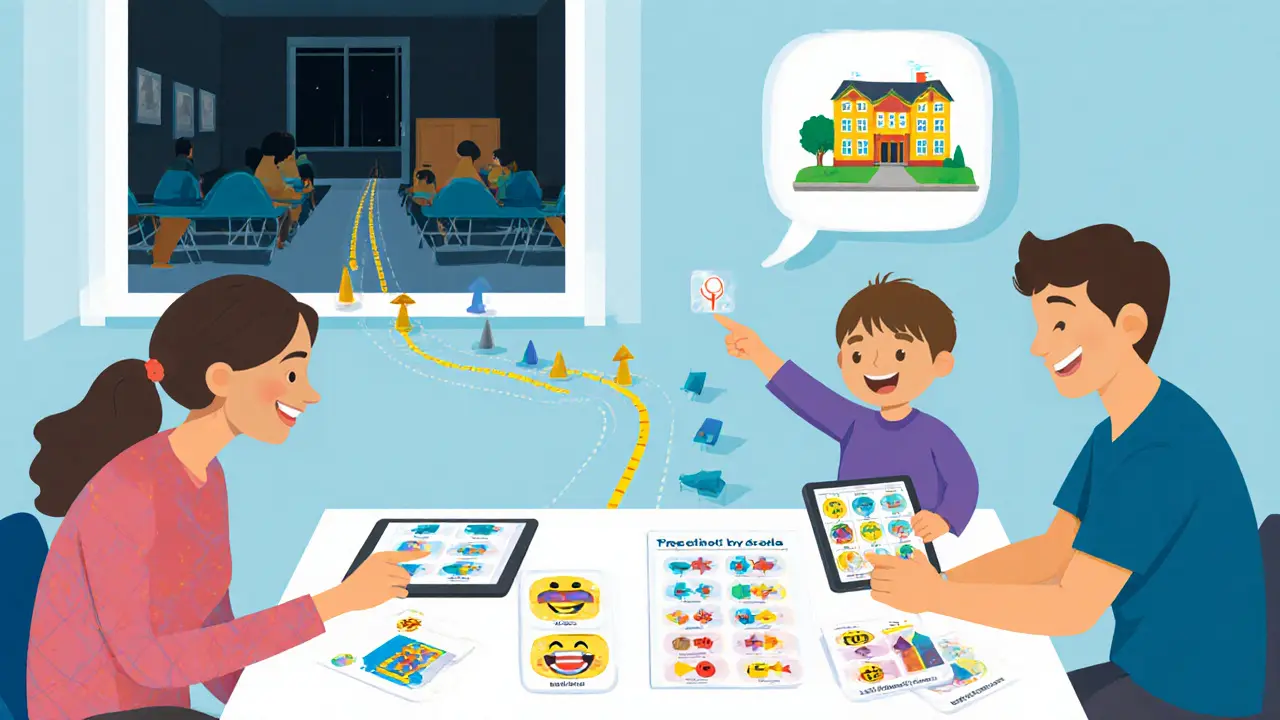 Rodina a terapeutka spolu s dítětem sledují pokrok pomocí vizuálních pomůcek.