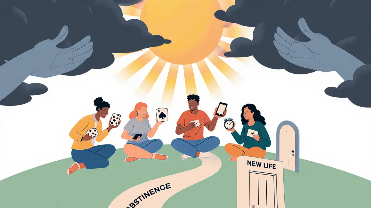 Skupina lidí sedí v kruhu, ruce se dotýkají, nad nimi svítí slunce, cesta vede k novému životu.