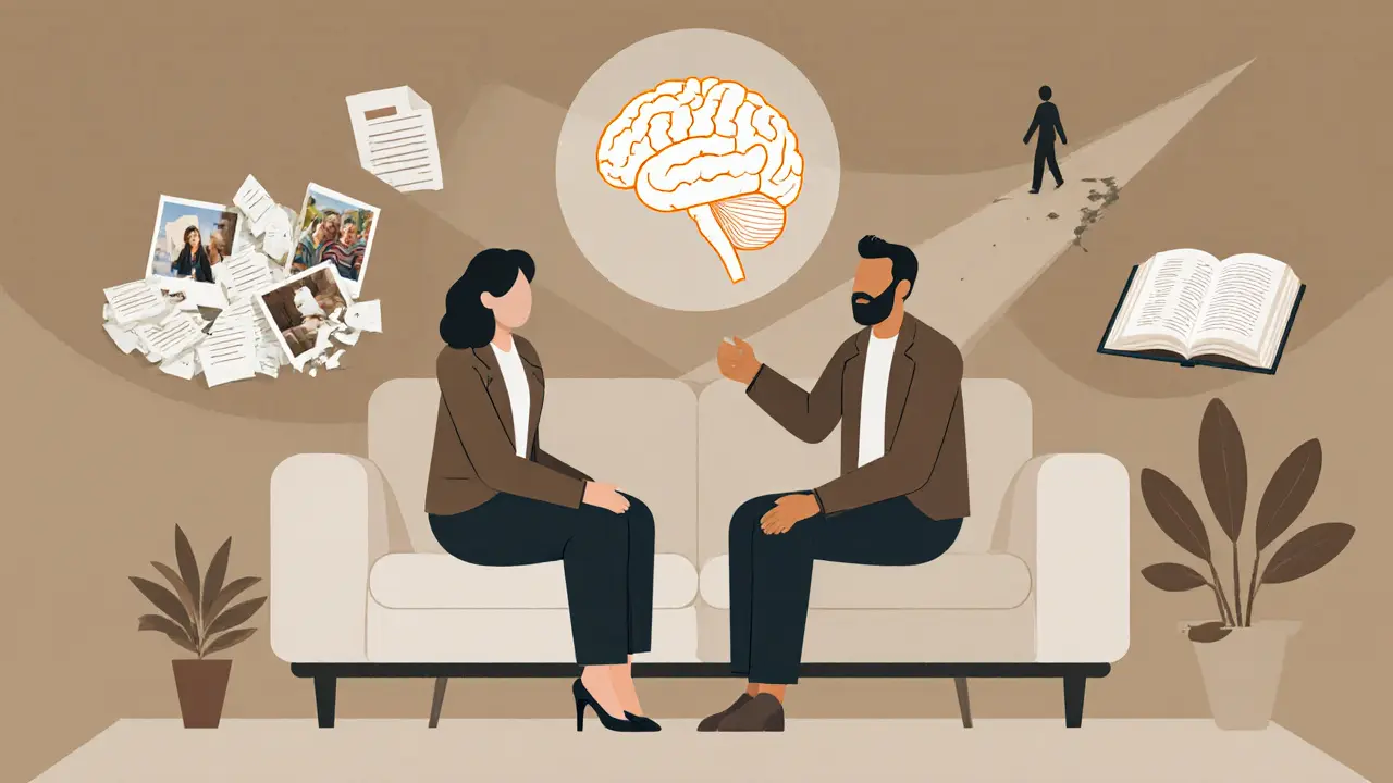 Terapeut a klient spolu sedí, mezi nimi je transparentní mozek s aktivními nervovými cestami.