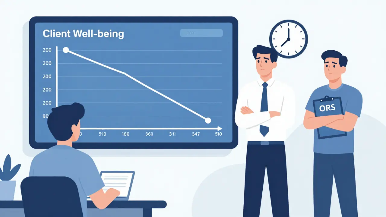 Terapeut se dívá na klesající graf na obrazovce, klient stojí s příkazem zastavit terapii.