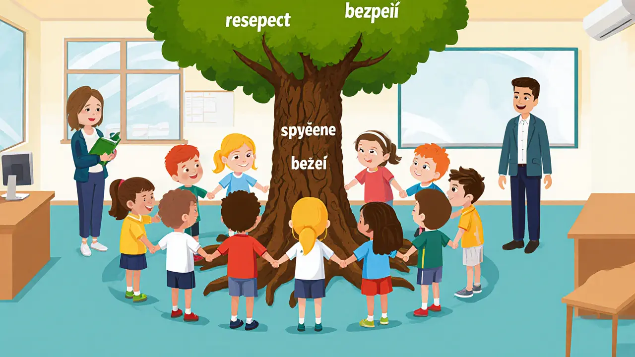 Celá třída stojí v kruhu, drží se za ruce kolem stromu s hodnotami respektu a bezpečí.