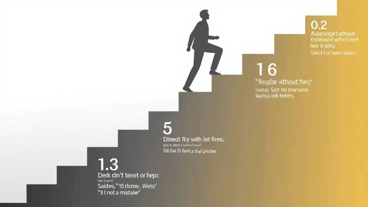 Člověk stoupá po schodech s malými kroky pokroku, od tmavého ke světlému odstínu.