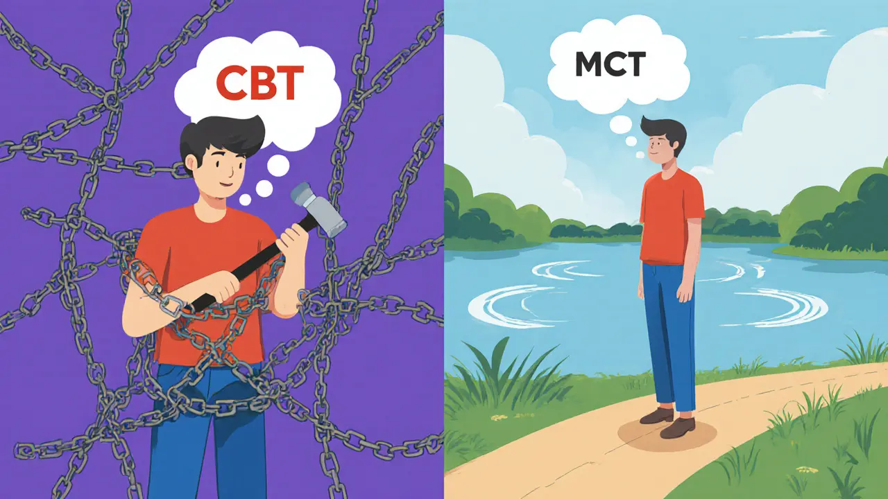 Dvě scény: jedna s lidmi zatlačenými řetězy, druhá s lidmi vedle klidného jezera – symbol MCT vs. CBT.