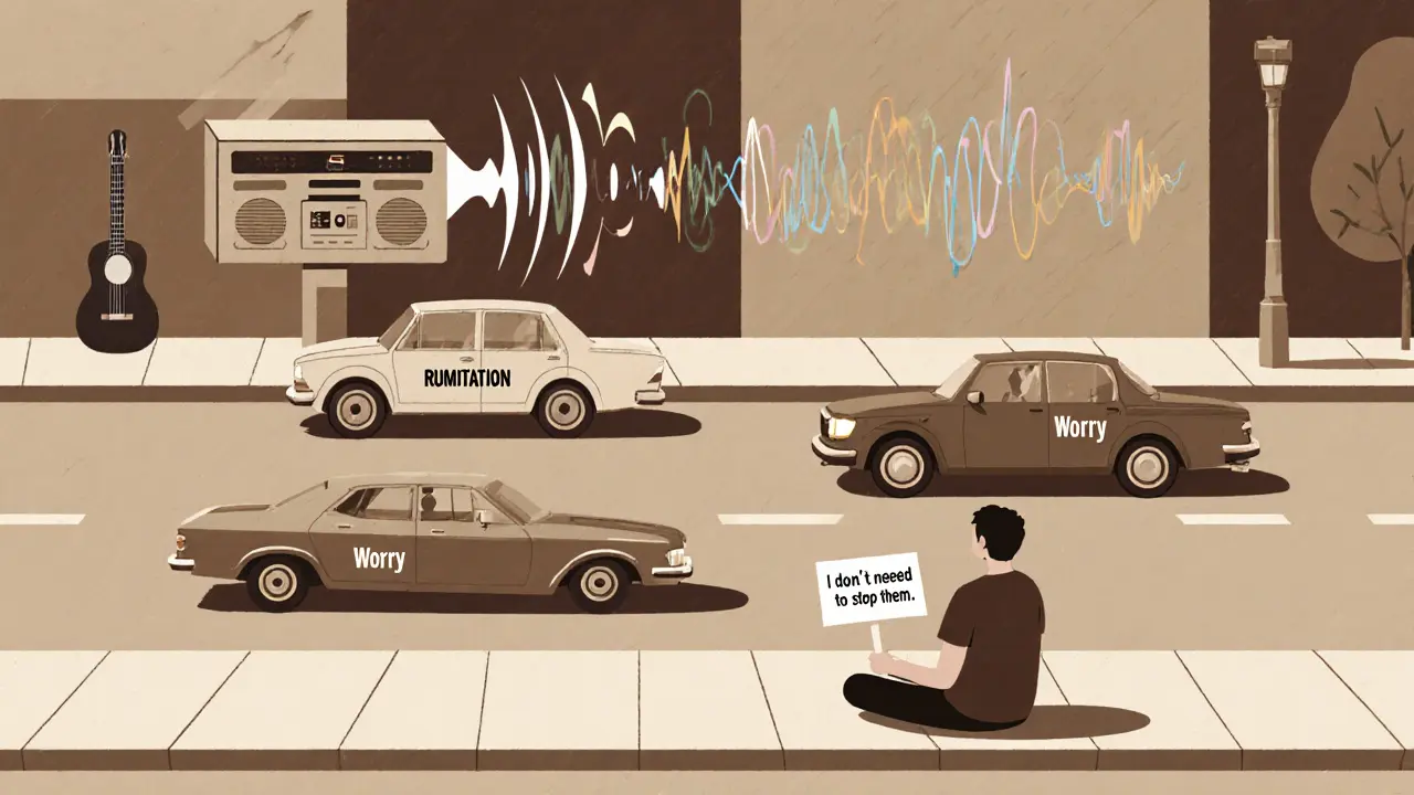 Osoba sedí na chodníku a pozoruje auta s myšlenkami, aniž by je zastavovala.