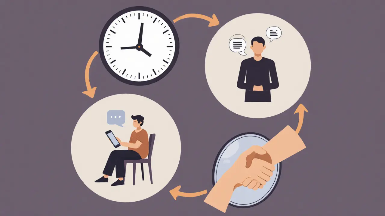 Pět ikon znázorňujících změny při poruchách osobnosti: stabilita nálady, vztahy, snášenlivost, sebehodnocení a komunikace.