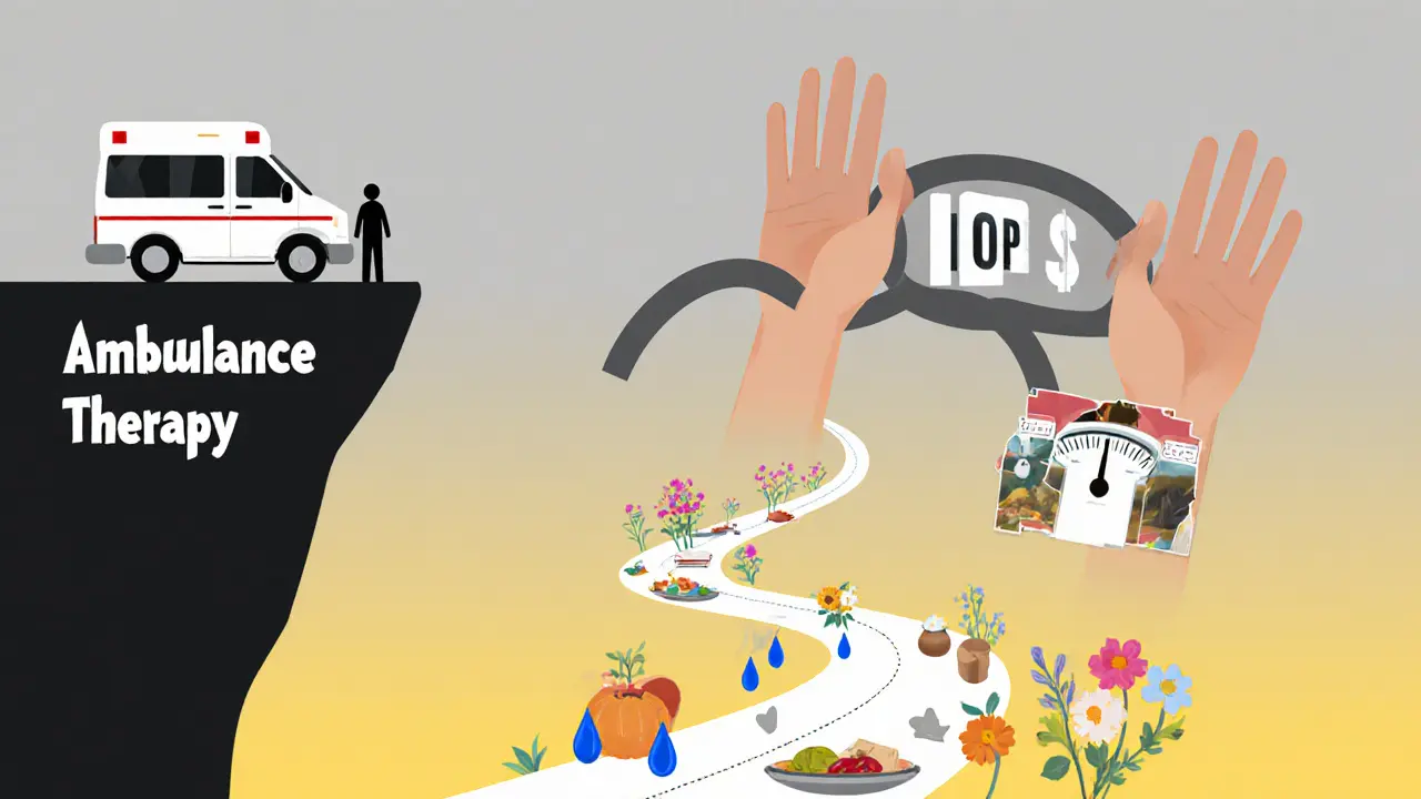 Postava stojí na okraji propasti, směřuje ke mostu podpory, cesta se mění v květiny.