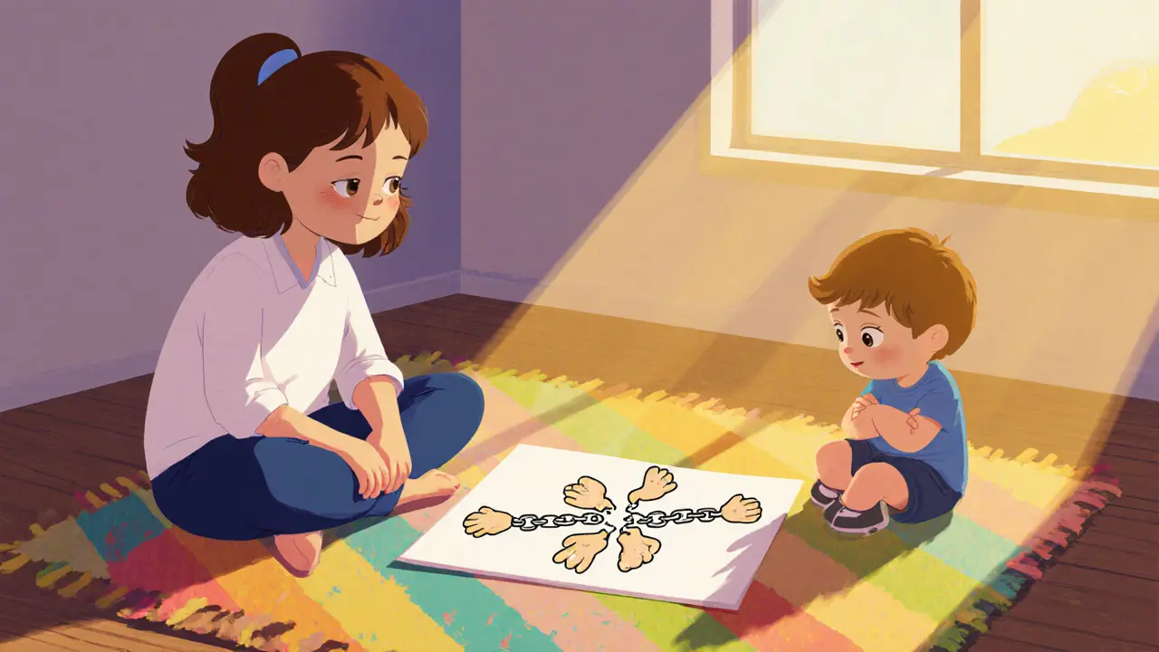 Terapeut s dvěma dětmi mění obrázek poškozeného řetězu, symbolizující léčbu oběti i agresora.