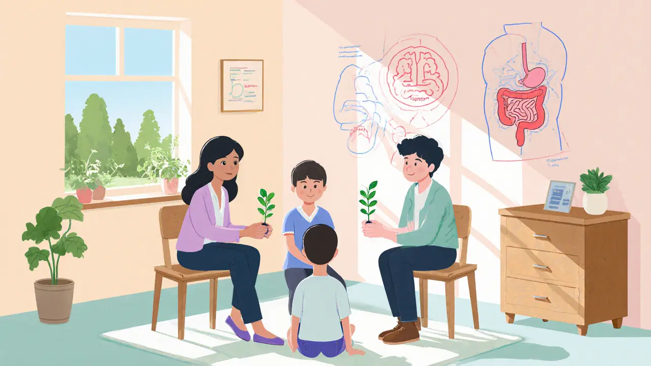 Tým terapeutů sedí s pacientkou v klidné místnosti, symboly růstu a podpory.