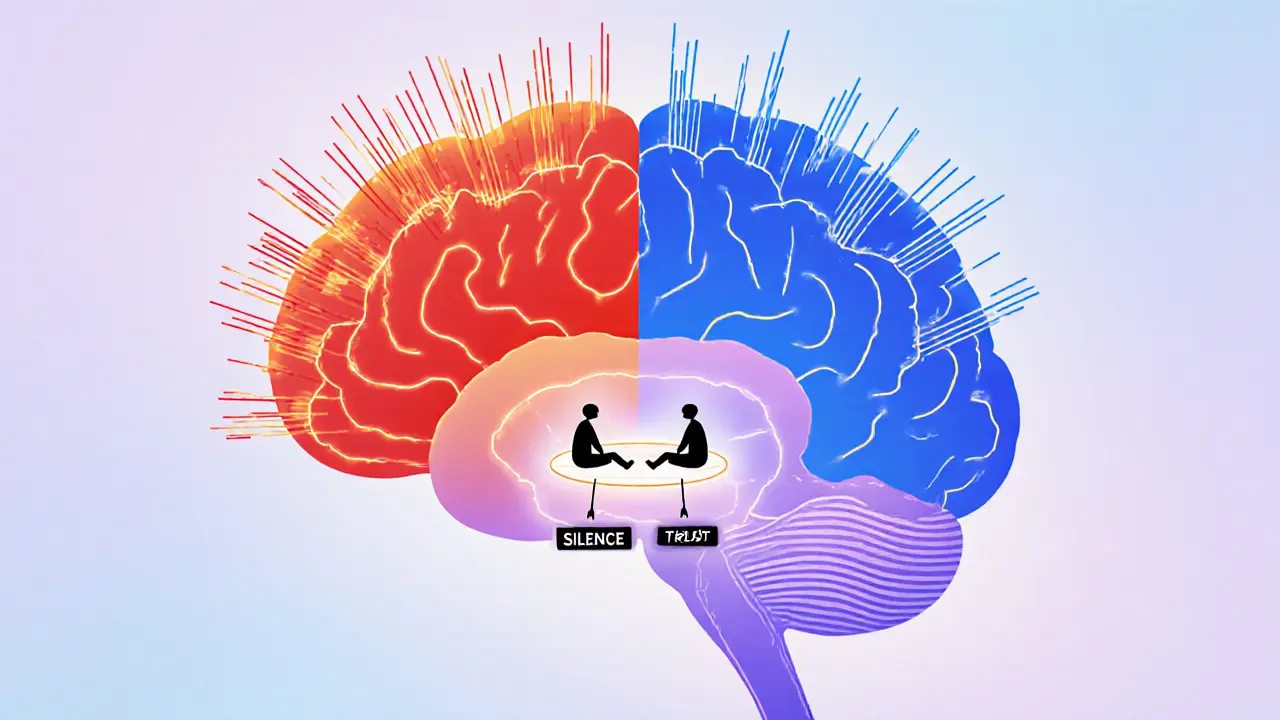 Abstraktní mozek s aktivací bezpečí a stresu spojená přes terapeutickou vazbu.