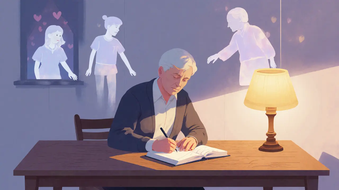 Člověk píše v deníku, z壁 se k němu dotýkají průhledné postavy jeho minulosti, přítomnosti a budoucnosti.