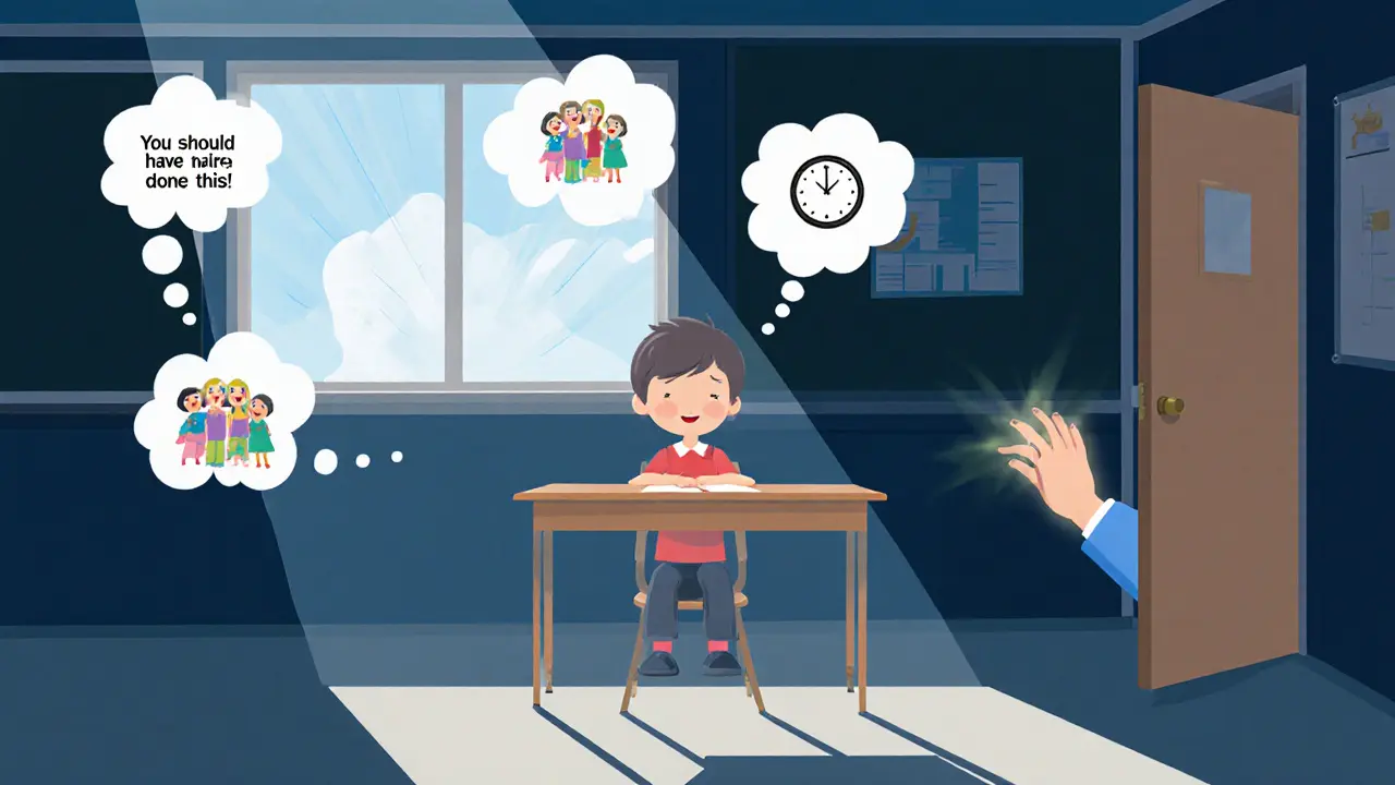 Dítě v prázdné třídě s myšlenkovými bublinami strachu, zatímco ruka psychologa se k němu blíží.