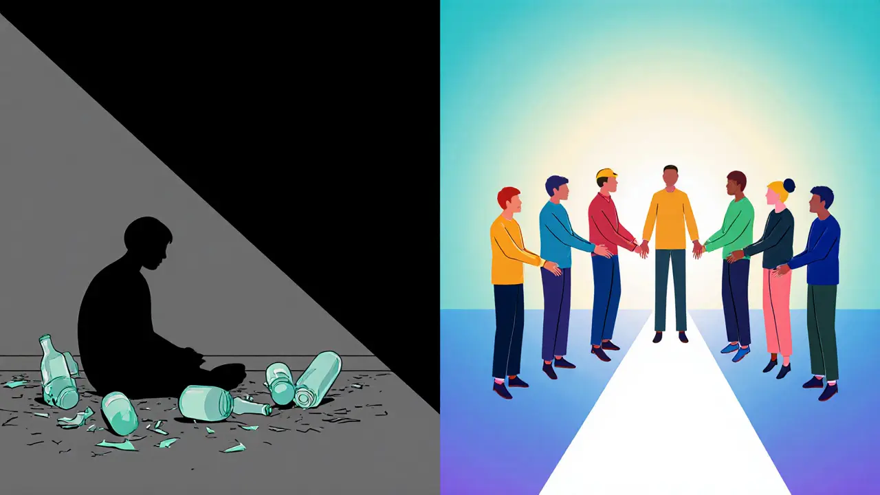 Jedna osoba přechází z izolace a tmy k podpoře a barvám skupinové terapie.