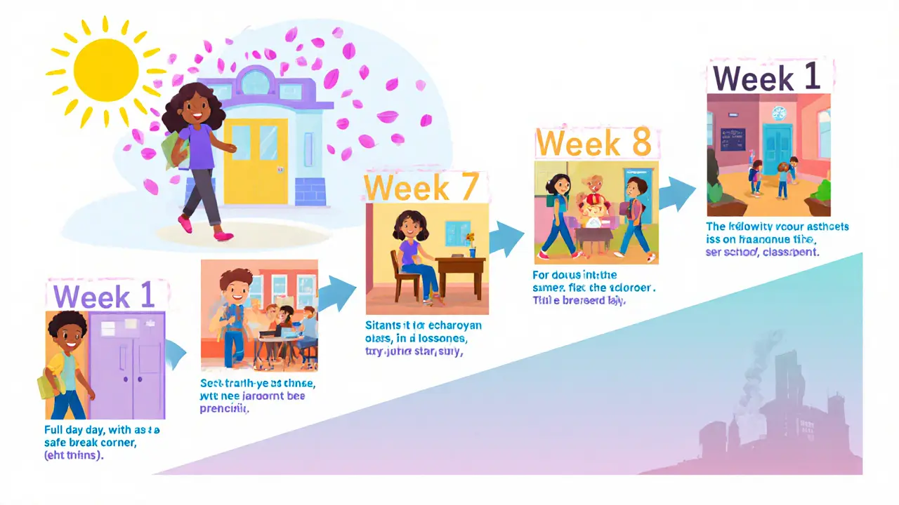 Krokový plán návratu do školy jako barevná cesta od strachu k sebevědomí.