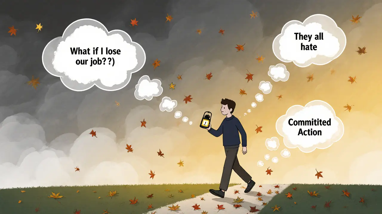 Osoba kráčí po cestě, myšlenky jako oblaky se jí minou, nese lampu označenou &#039;Odhodlané jednání&#039;.