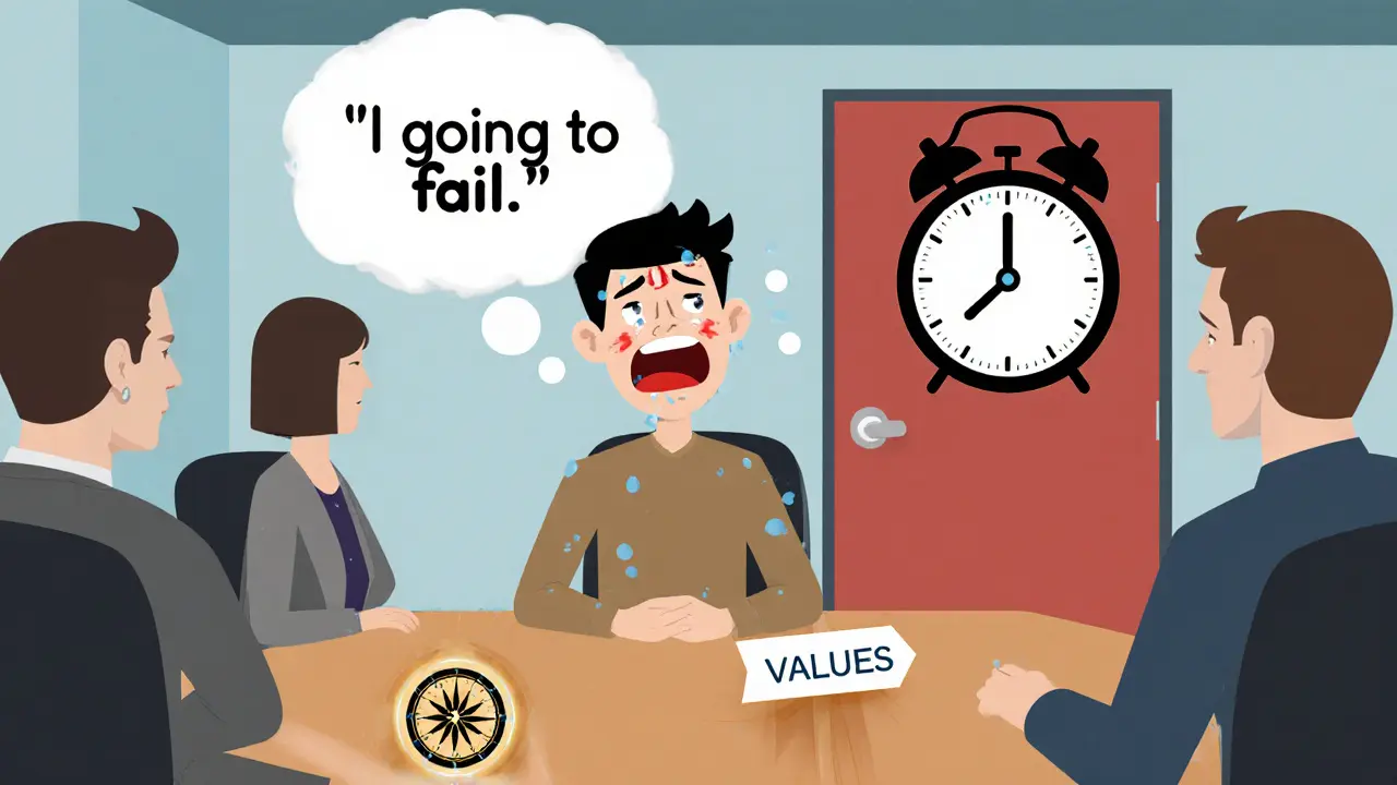 Osoba na schůzce s obrovskou myšlenkou jako varovným zvonem, kompas ukazuje směr k hodnotám.