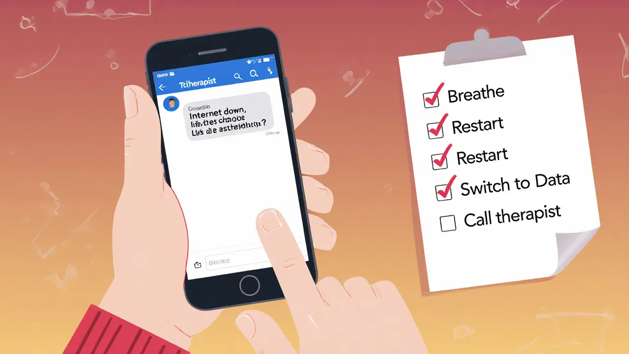 Osoba odesílá zprávu terapeutovi s kontrolním seznamem řešení pro výpadek internetu.