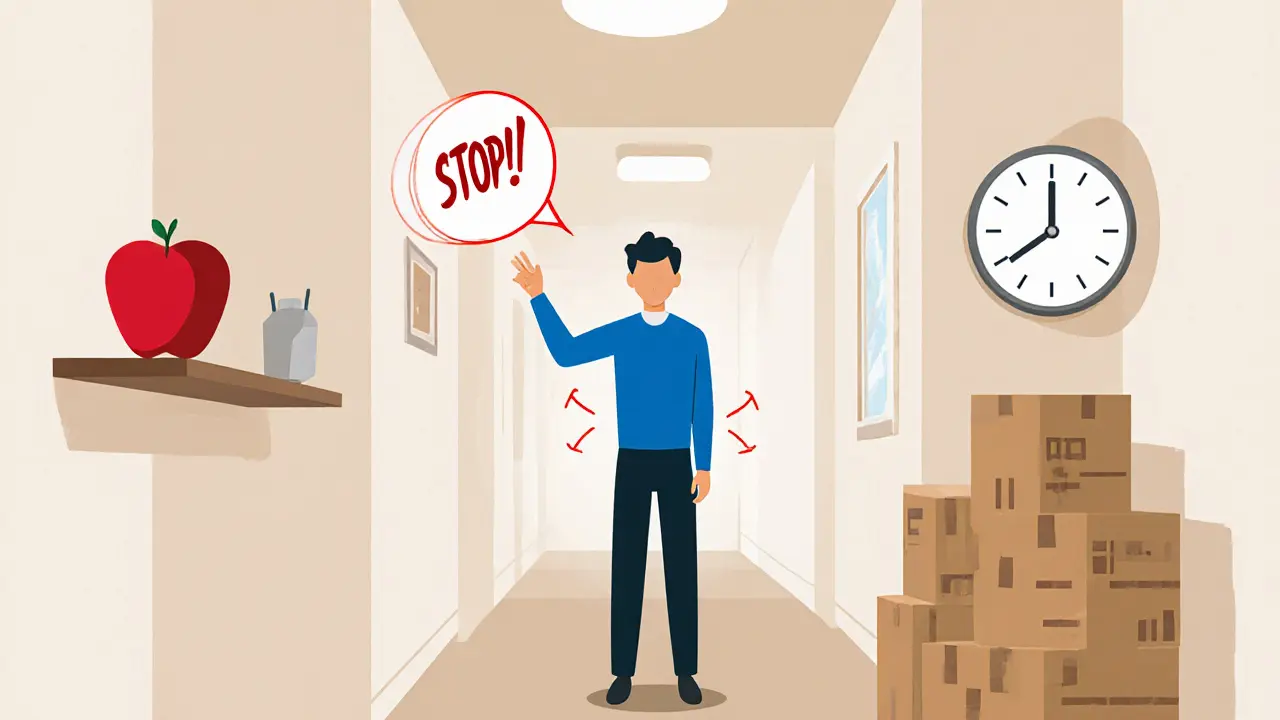 Osoba říká &#039;Stop!&#039; a zaměřuje se na neutrální předměty kolem sebe.