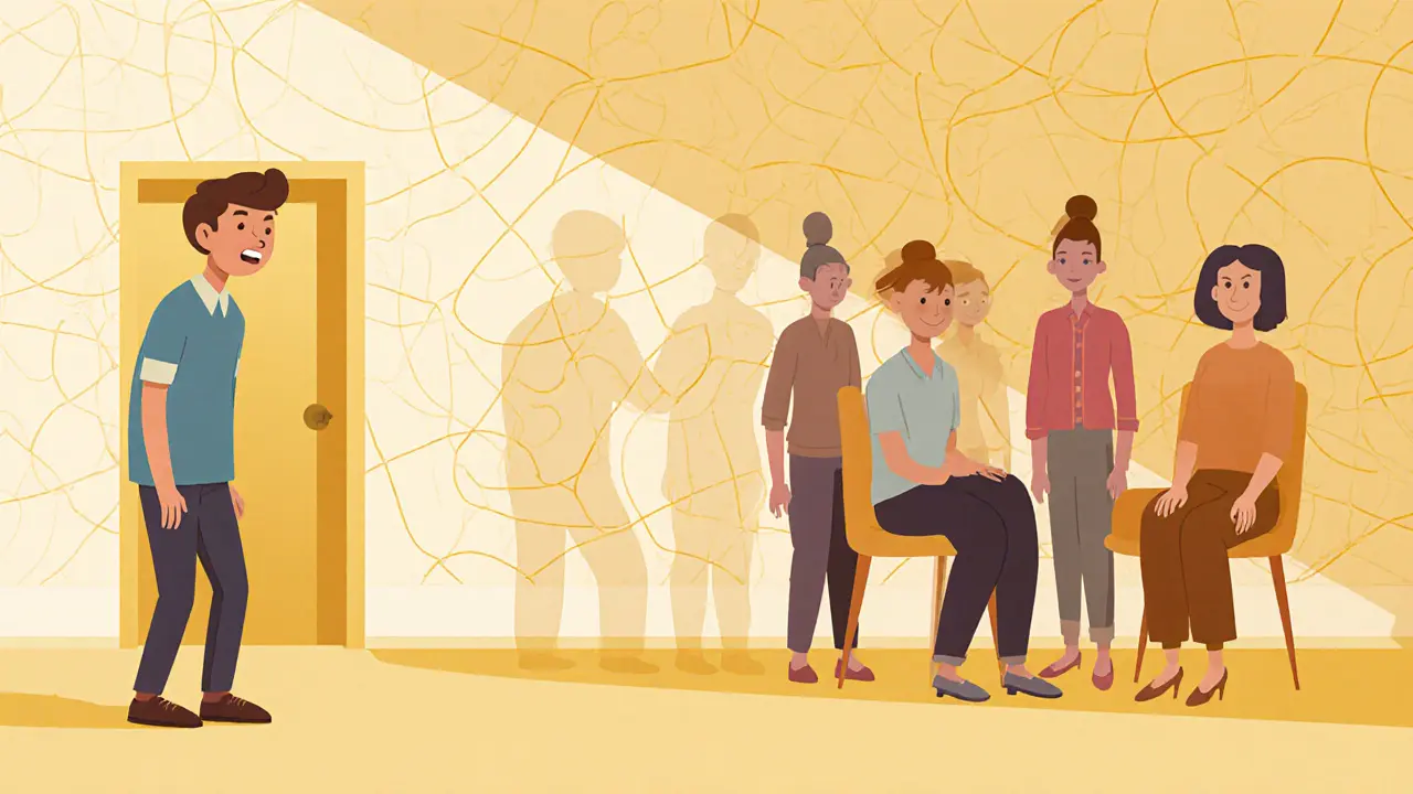 Osoba vstupuje do skupinové terapie, její stín se mění v podporující postavy, symbolizující přijetí.