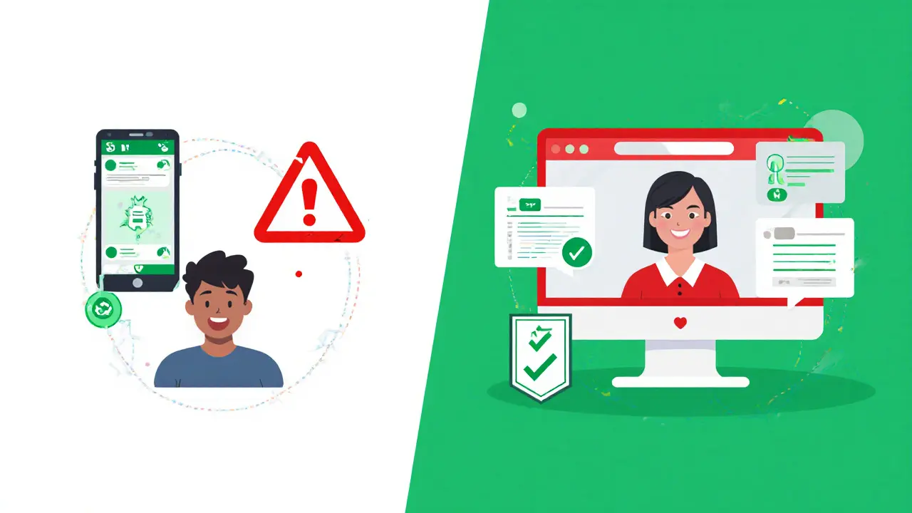 Porovnání nebezpečného použití WhatsAppu a bezpečné online terapie na platformě.