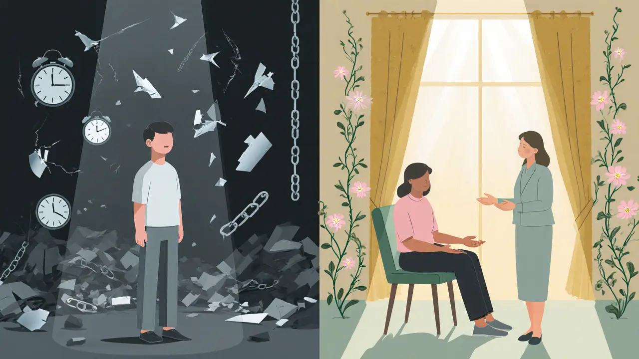 Přeměna od temnoty k světlu: stejná osoba v dvou různých prostředích spojených terapeutickým vztahem.