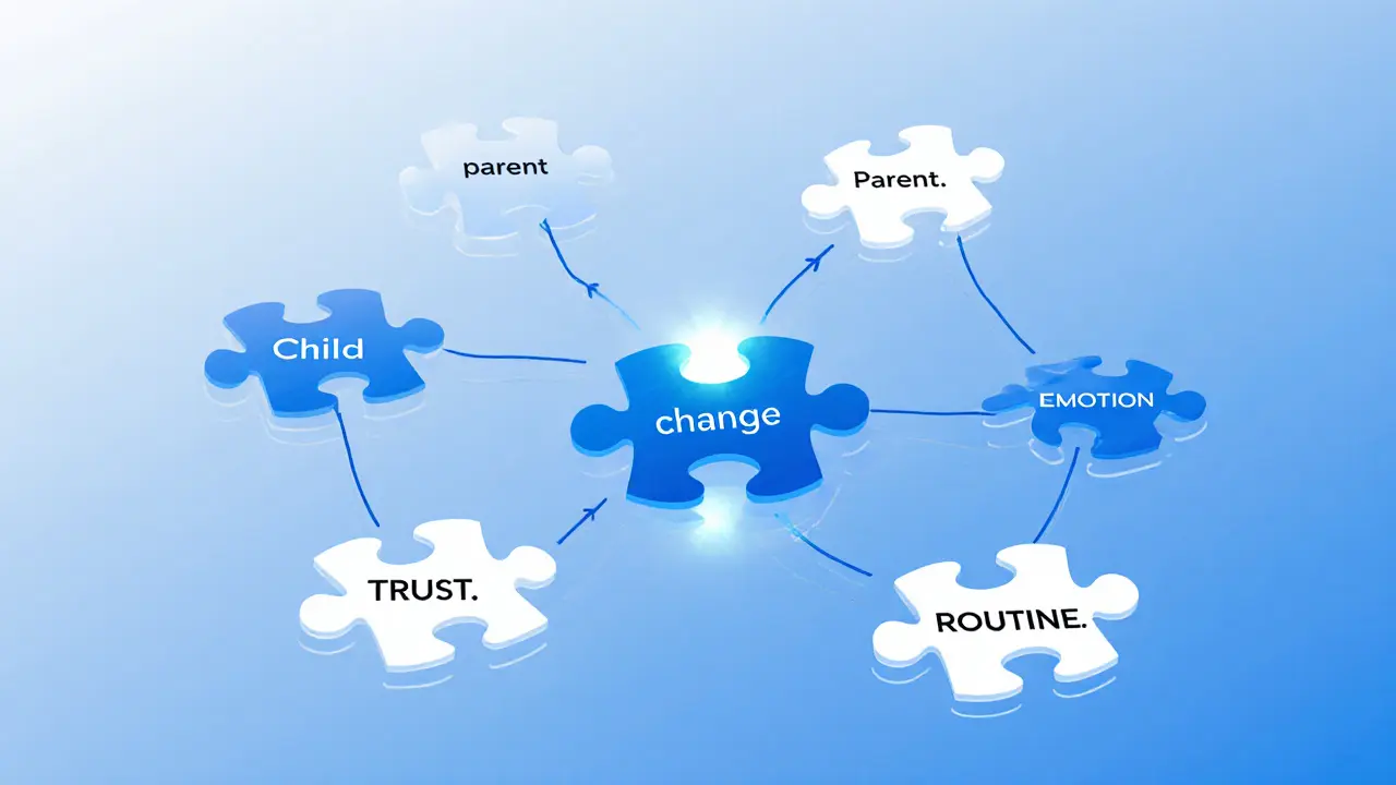 Rodinný systém jako skládačka — změna rodiče ovlivňuje celý vztah, světlo označuje spojení mezi rodičem a dítětem.