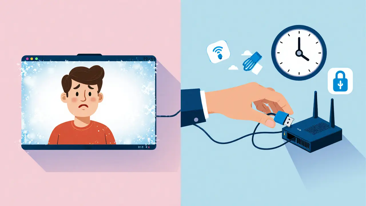 Rozdělený scénář: osoba restartuje směrovač, zatímco se objevují nástroje pro řešení problému.