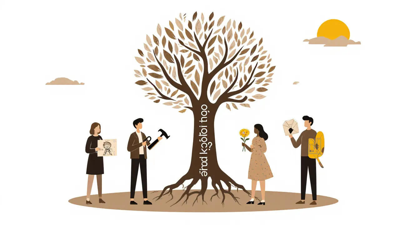 Skupina lidí drží předměty symbolizující jejich smysl, kolem nich roste strom s otázkou &#039;Co mi život klade?&#039;