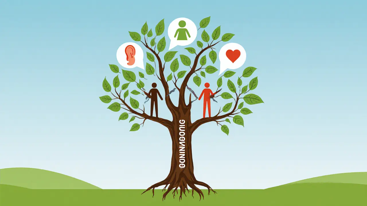 Strom s kořeny závislostí a větvemi symbolizujícími podporu a spojení ve skupině.