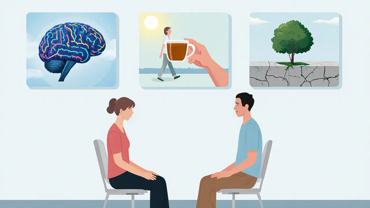 Terapeut a pacient spolu v klidné místnosti, nad nimi průhledné panely znázorňující zotavení, mozek a přirozenou klidnou scénu.