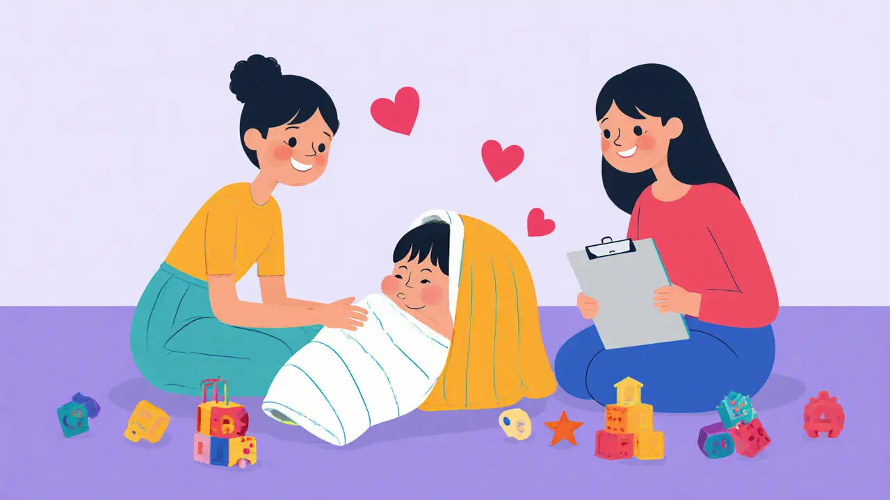 Terapeut pozoruje, jak rodič obaluje dítě ručníkem ve hře Theraplay, dítě se uvolňuje a usmívá se.