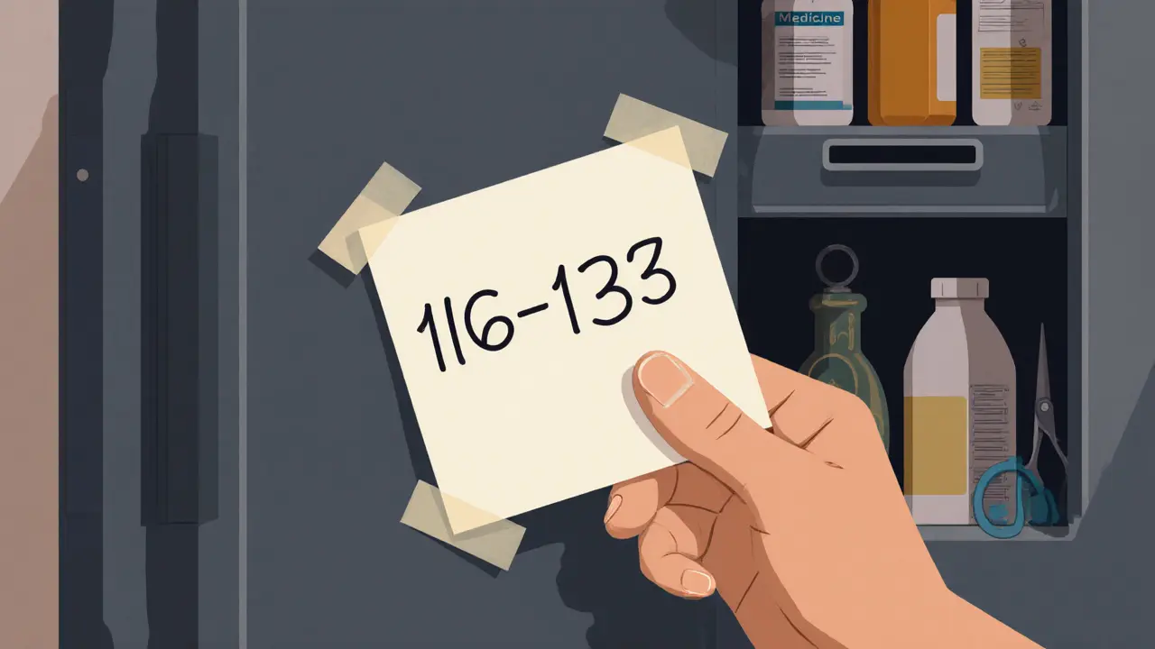 Číslo krizové linky 116 123 přilepeno na lednici vedle bezpečně uložených léků a nástrojů.