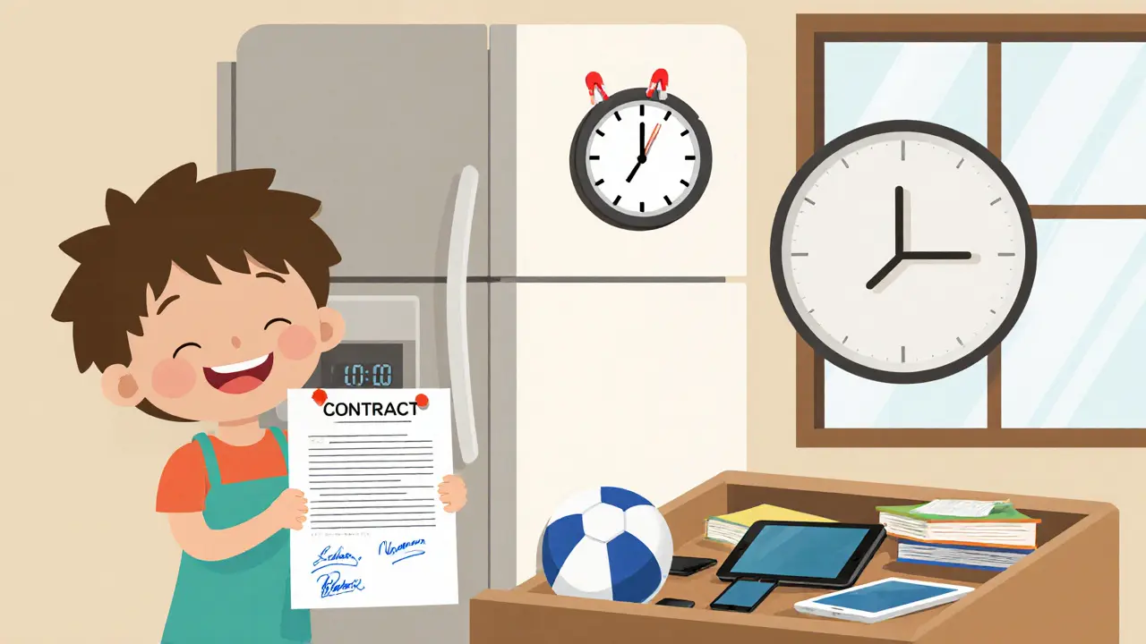 Dítě drží digitální kontrakt na lednici, zařízení uložená.