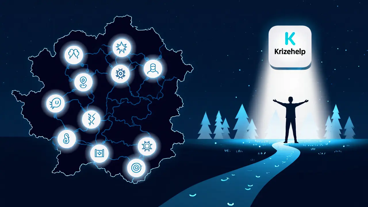 Mapa Česka s 17 krizovými centry, cesta z temného lesa stresu do osvětleného pole s aplikací Krizehelp.