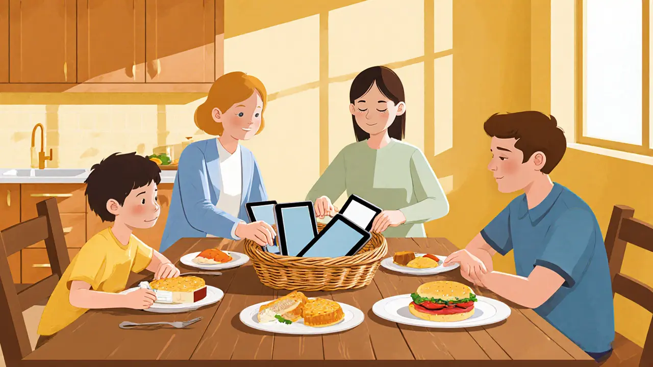 Rodina večeří bez telefonů, zařízení v košíku.