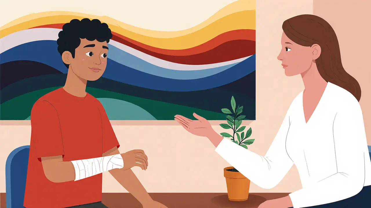 Teen a terapeut sedí spolu v klidné místnosti, symbolizující bezpečnou podporu.