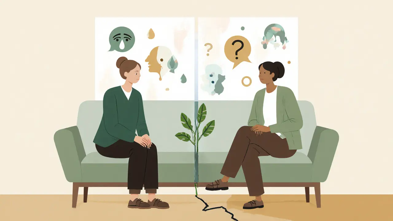 Terapeut a klient sedí vedle sebe, mezi nimi průhledná stěna z emocí, na zemi roste rostlinka.