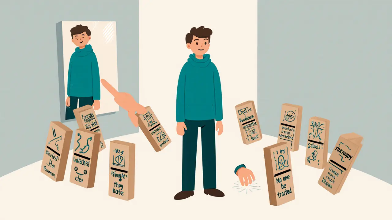 Člověk stojí uprostřed místnosti, kde padají dominové kostky s podezřelými myšlenkami, jedna je převrácena.