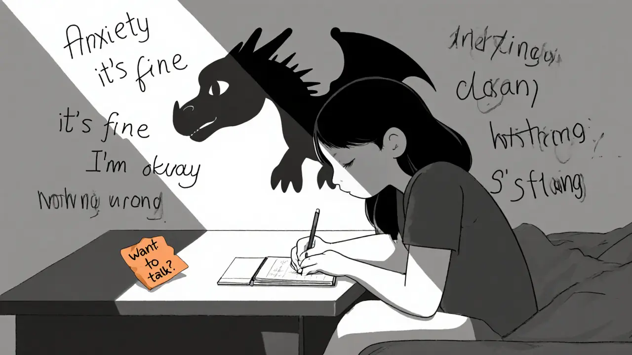 Dívka kreslí černého draka jako symbol úzkosti, kolem ní jsou vymazané věty &#039;Je to v pořádku&#039;.