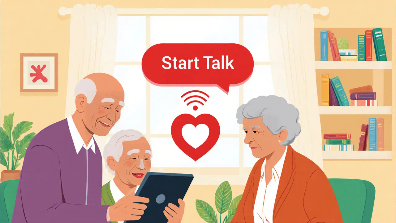 Dobrovolníci- seniori učí dalšího seniora, jak používat tablet pro terapii.