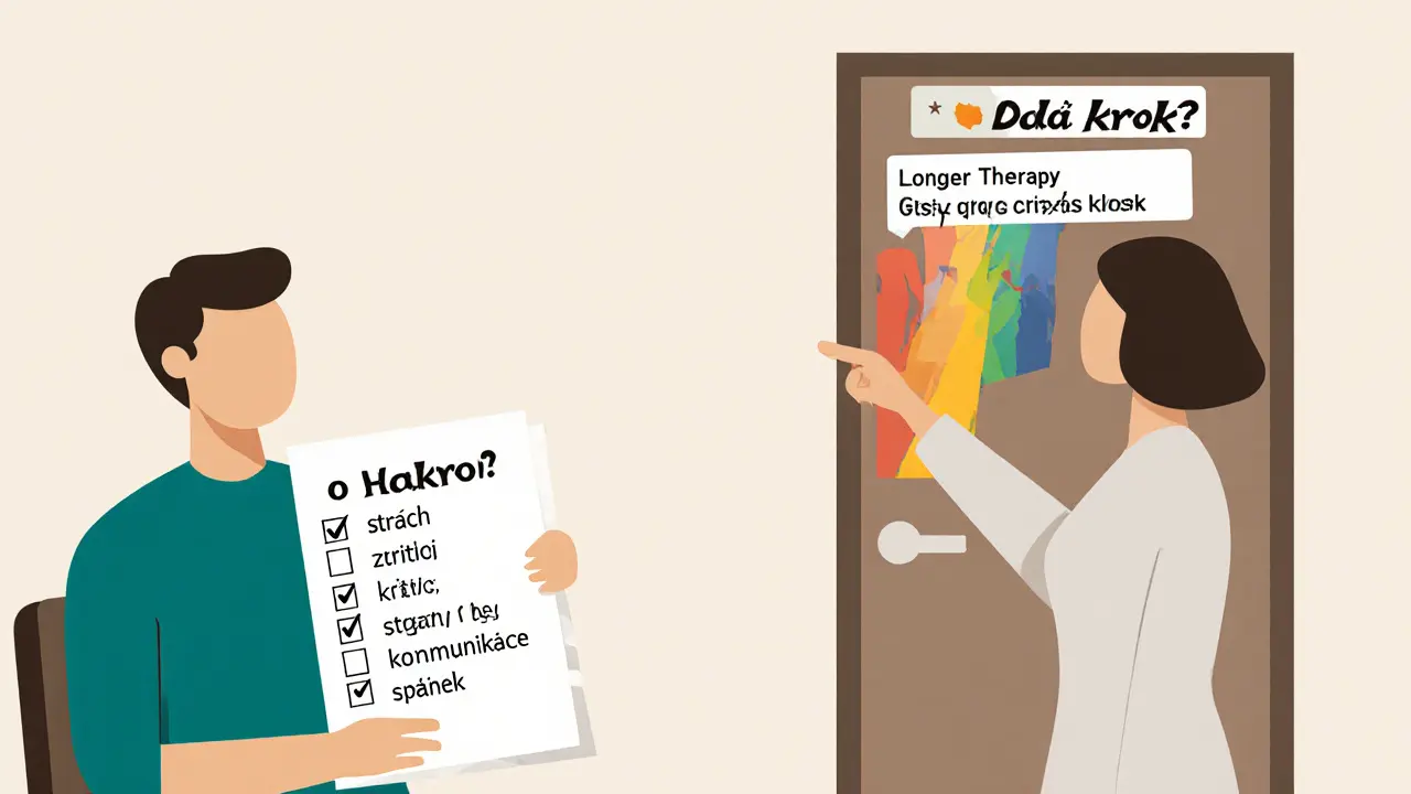 Dvě postavy v terapii s kontrolním seznamem a třemi cestami za dveřmi, symbolizujícími další kroky po krátkodobé terapii.