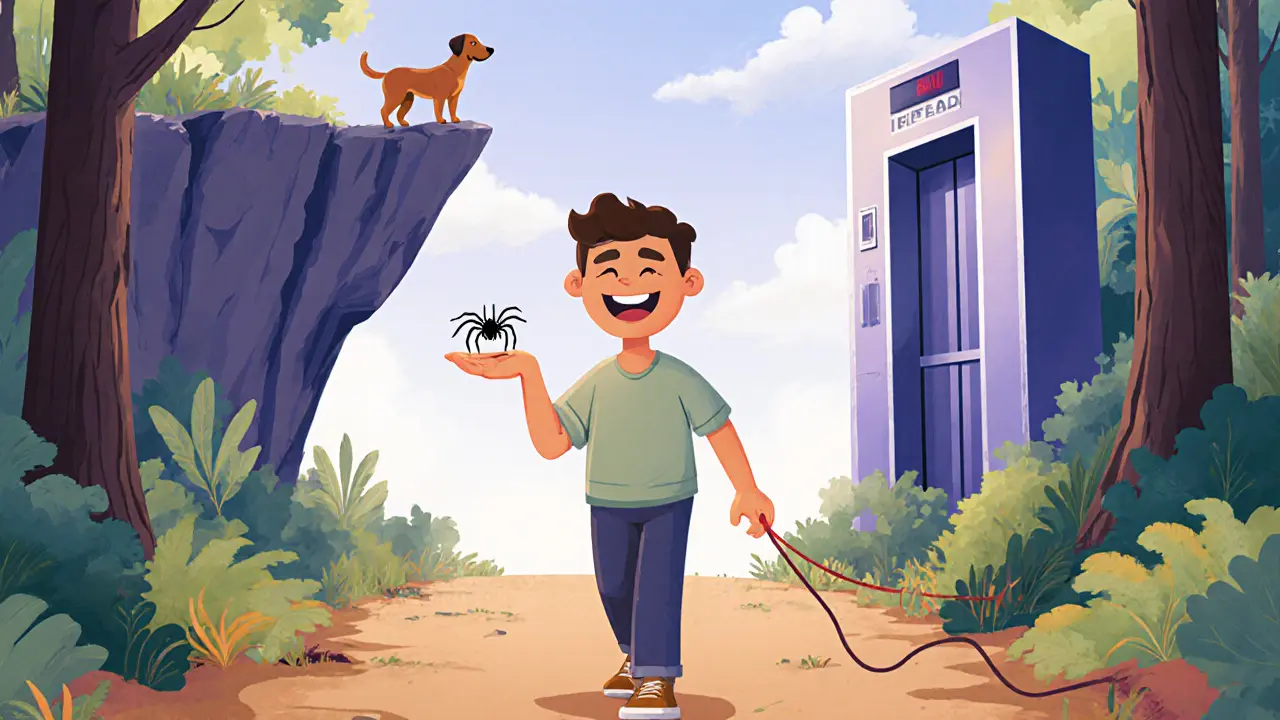 Osoba drží pavouka v ruce a jde lesem, strachy jsou v pozadí jako vzpomínky.