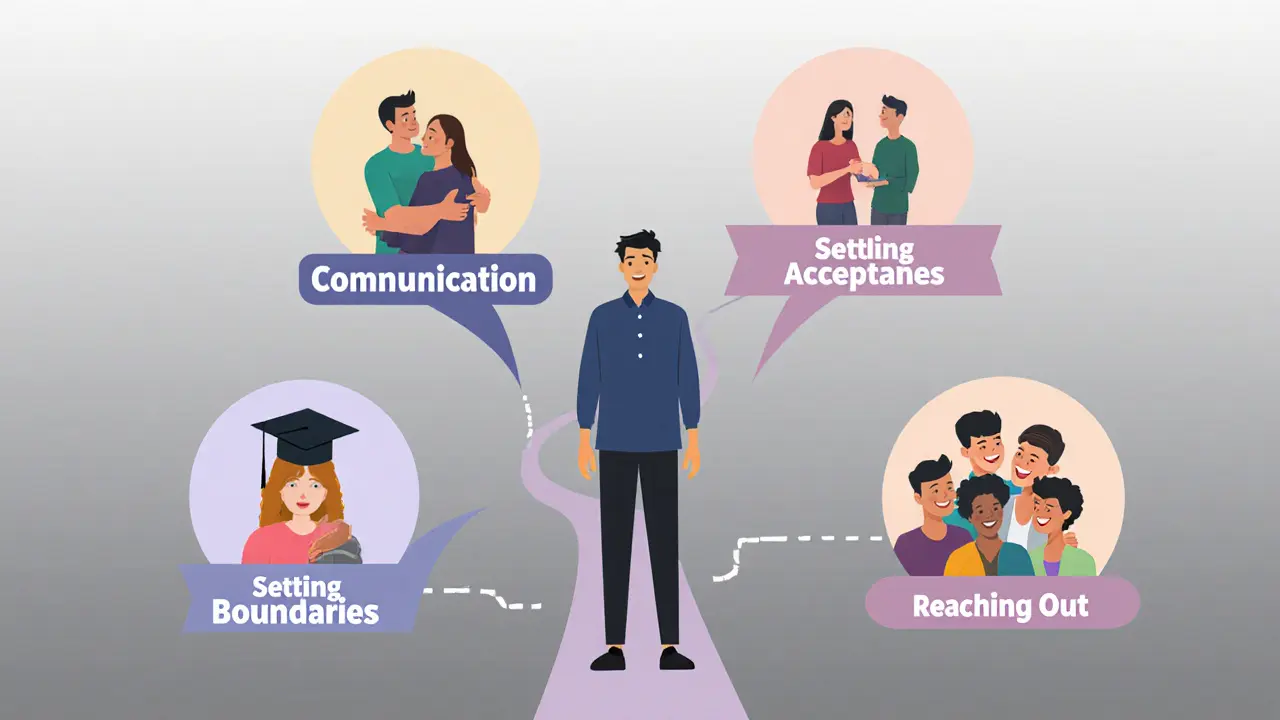 Osoba stojí na rozcestí se čtyřmi cestami, každá vede k jinému pozitivnímu scénáři změny vztahů.