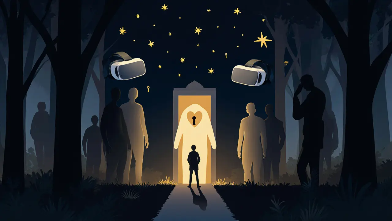 Osoba stojí u lesa, kde minulost zůstává za ní, ale cesta dopředu vede k naději a technologiím.