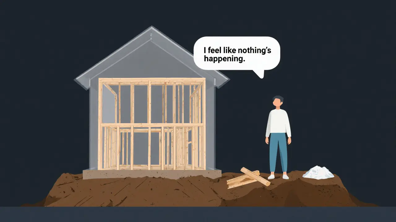 Osoba stojí u stavby domu, jen základy jsou vidět, ale nad ní se objevuje budoucí domov.